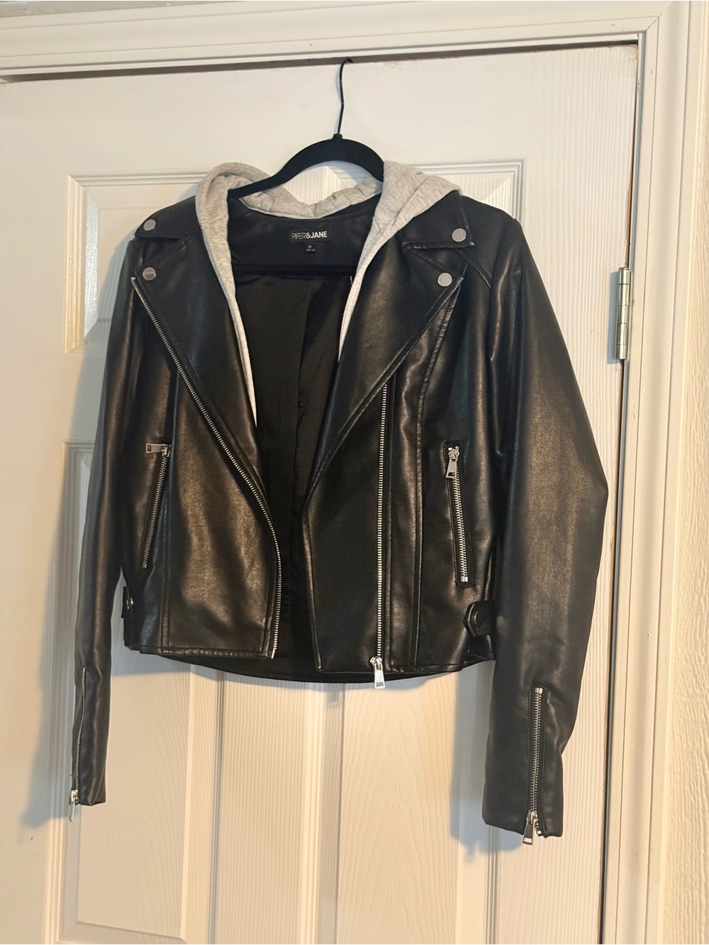Piper&Jane Black Faux Leather Moto Jacket with Gray Hood